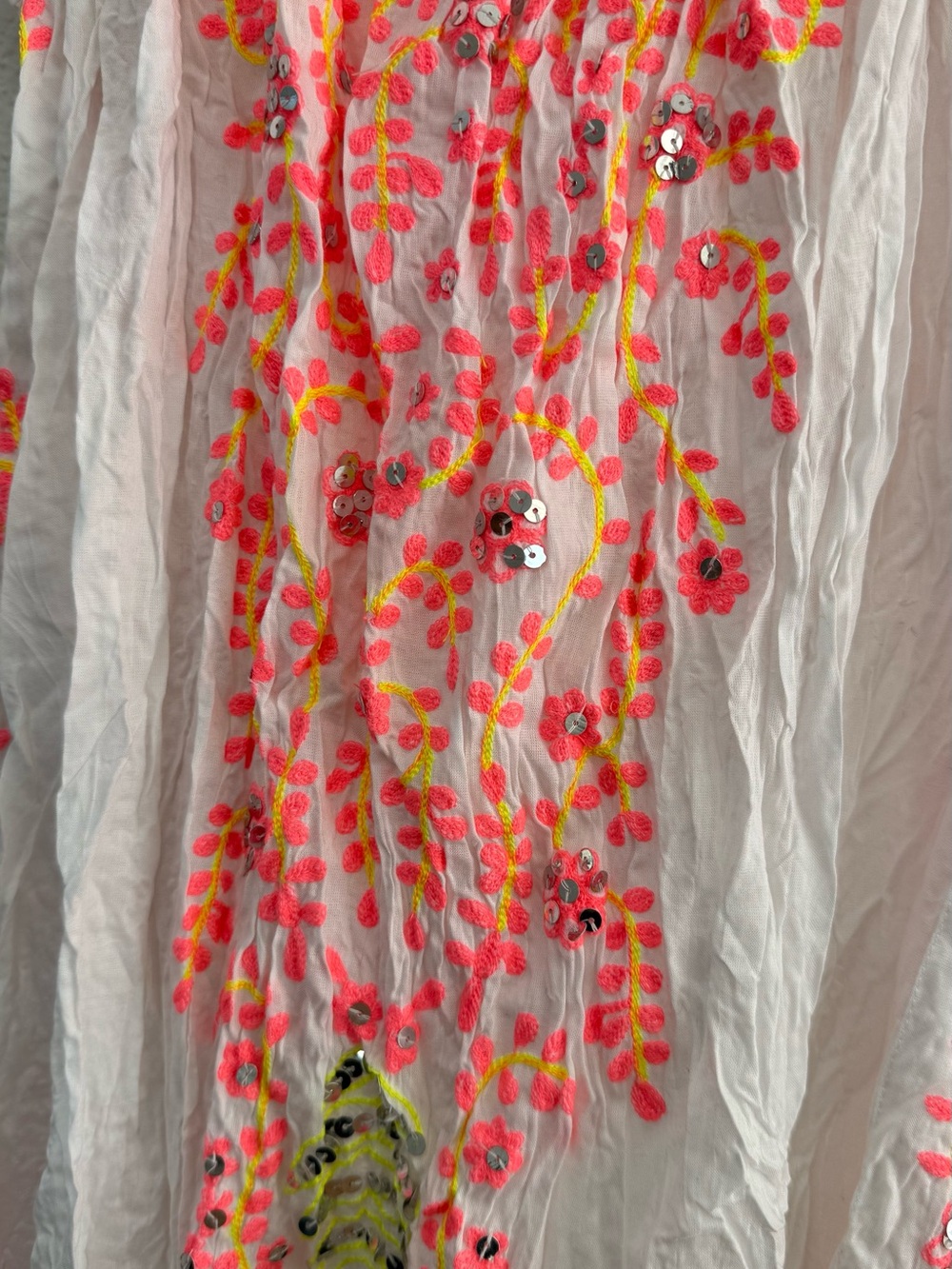 White Embroidered Maxi Dress with Neon Pink Accents - Picture 3 of 4